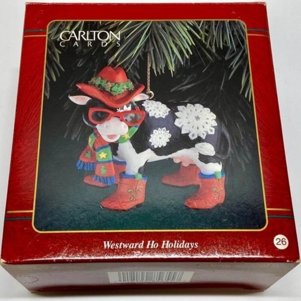 Vintage Christmas Ornament Carlton Cards Westward Ho Holiday Cow Red Hat + Boots